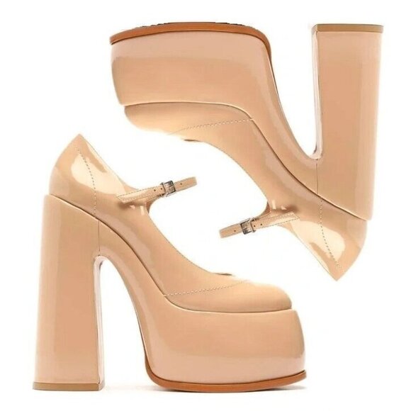 SCHUTZ Zayne Mary Jane Heels Size 7.5 Platform Chunky Pump Patent Pressego Tan - Picture 1 of 16